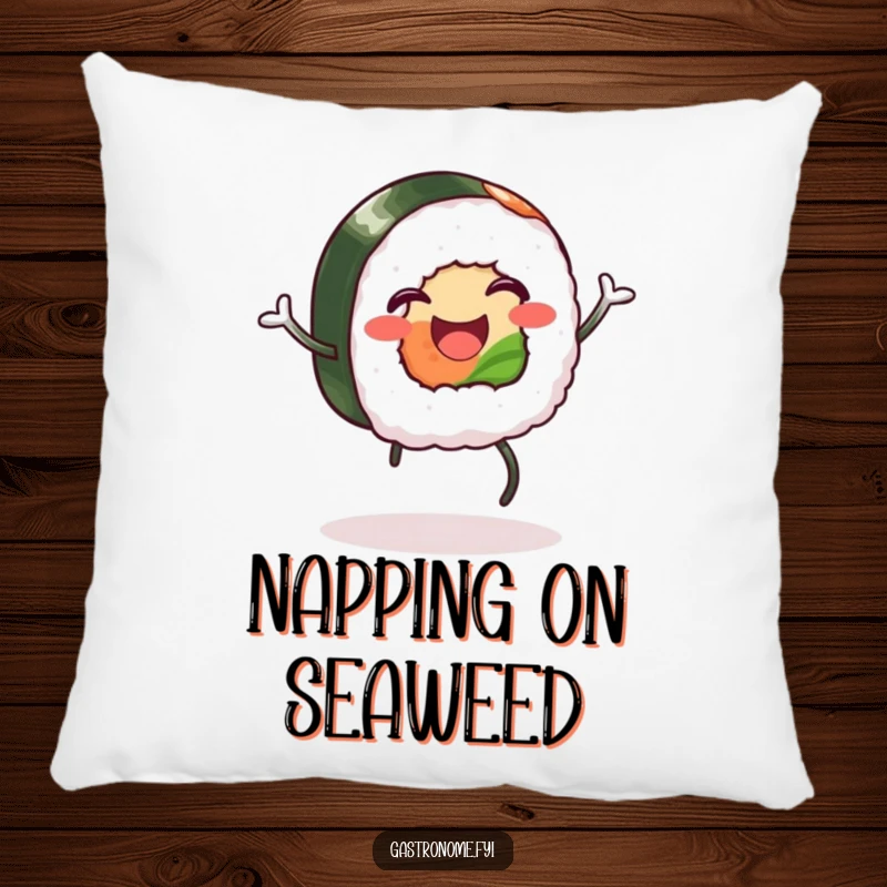 Funny pillow: A happy sushi roll with legs doing a silly jig, a soft and humorous decor piece.