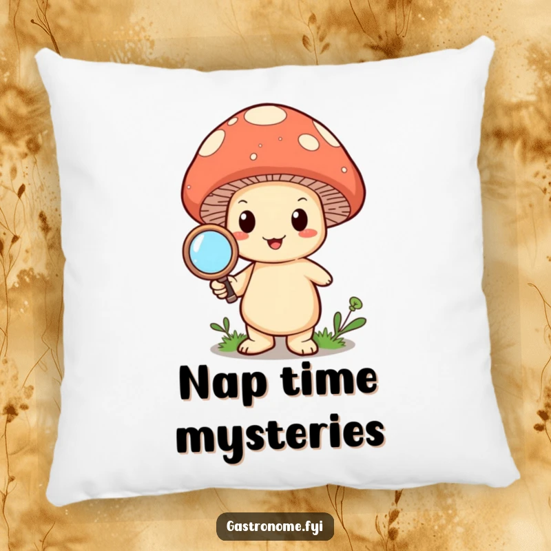Funny happy mushroom character holding a magnifying glass, creating a soft and humorous accent pillow for comfort.