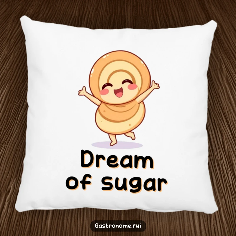 Funny overjoyed cinnamon roll pillow, a soft cushion featuring a cheerful pastry character doing a twirl, providing sweet, humorous comfort.