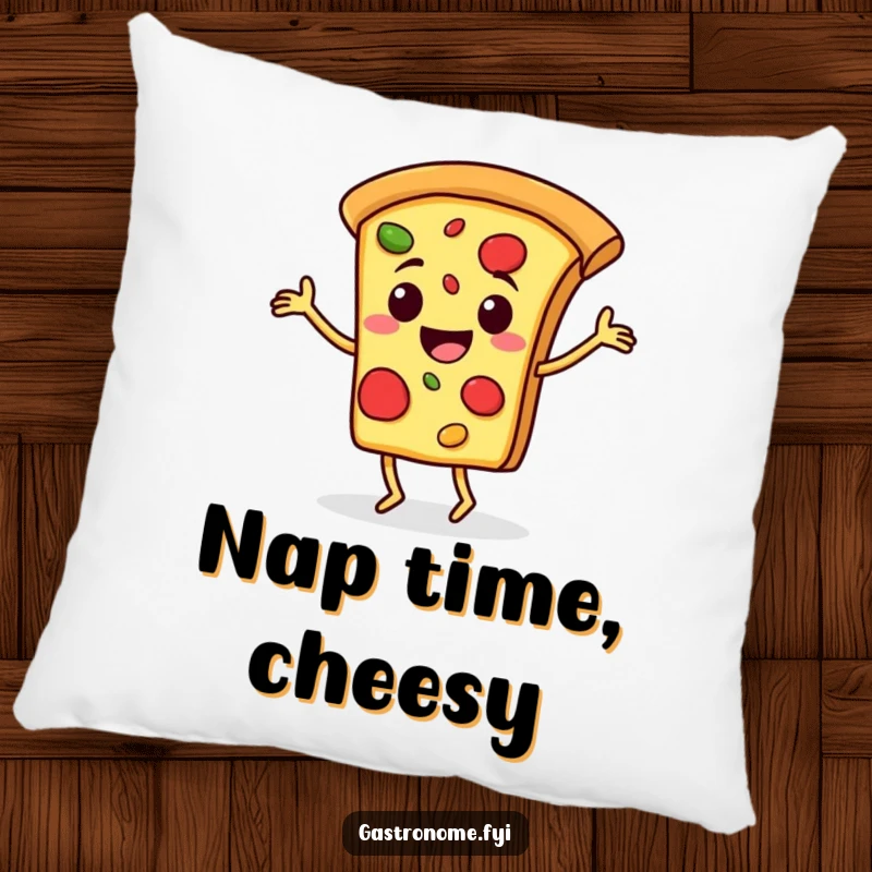 Funny pillow featuring a smiling pizza slice character in a joyful jig, adding a touch of cheesy comfort to any room.