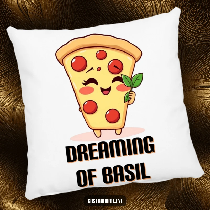 Funny giggling pizza slice character pillow admiring a tiny basil leaf, providing soft comfort and a humorous decorative touch.