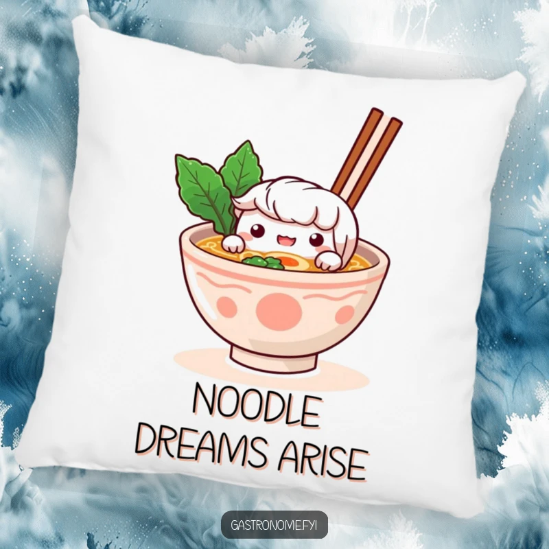 Funny Pillow: A curious ramen bowl character peeks over its broth, creating a funny, cozy, and food-themed decor element.