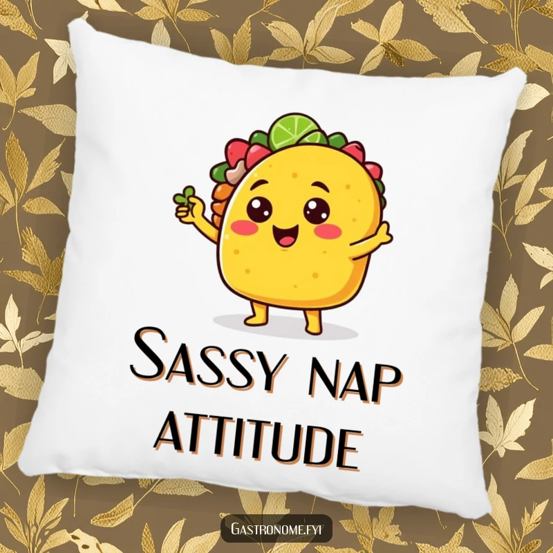 Funny cheerful taco character pillow striking a sassy pose with a tiny lime wedge, offering cozy comfort and bold humor.