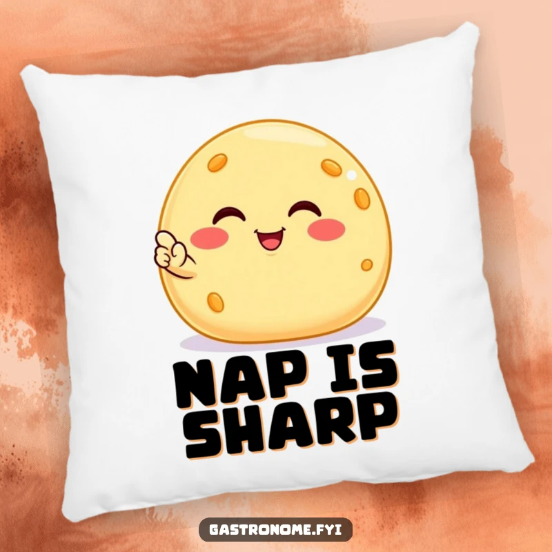 Funny smiling cheese ball pillow, a soft cushion featuring a satisfied snack character giving a nod, providing cheesy, humorous comfort.