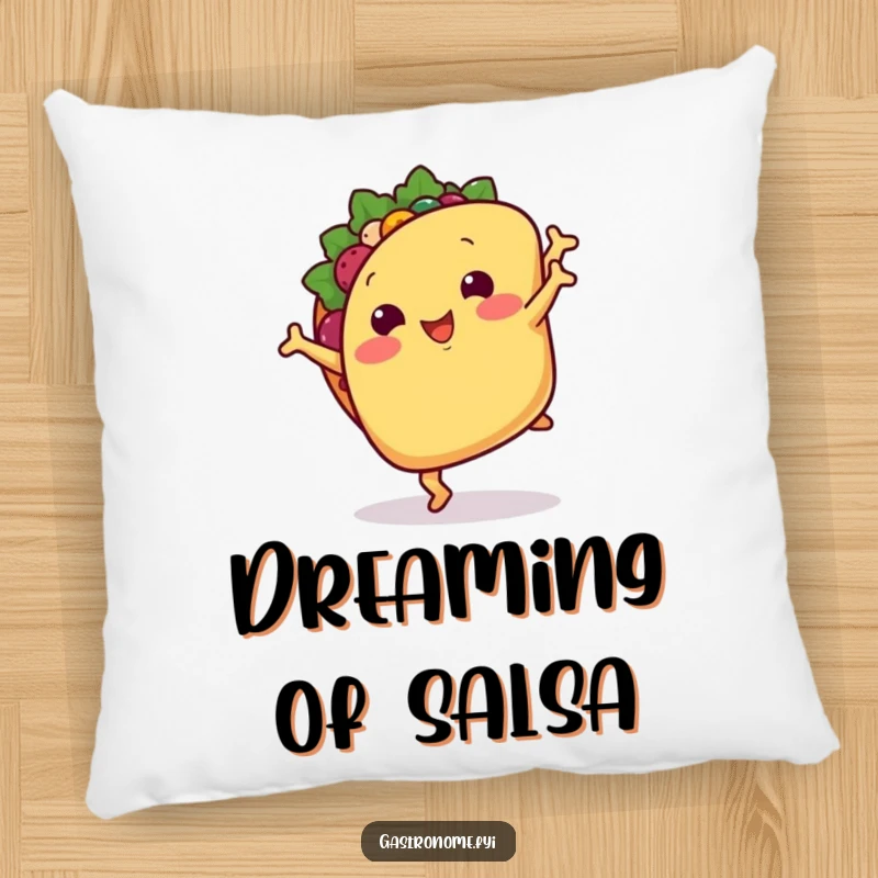 Funny pillow: A smiling taco with small arms doing a cartwheel, a soft and humorous decor piece.