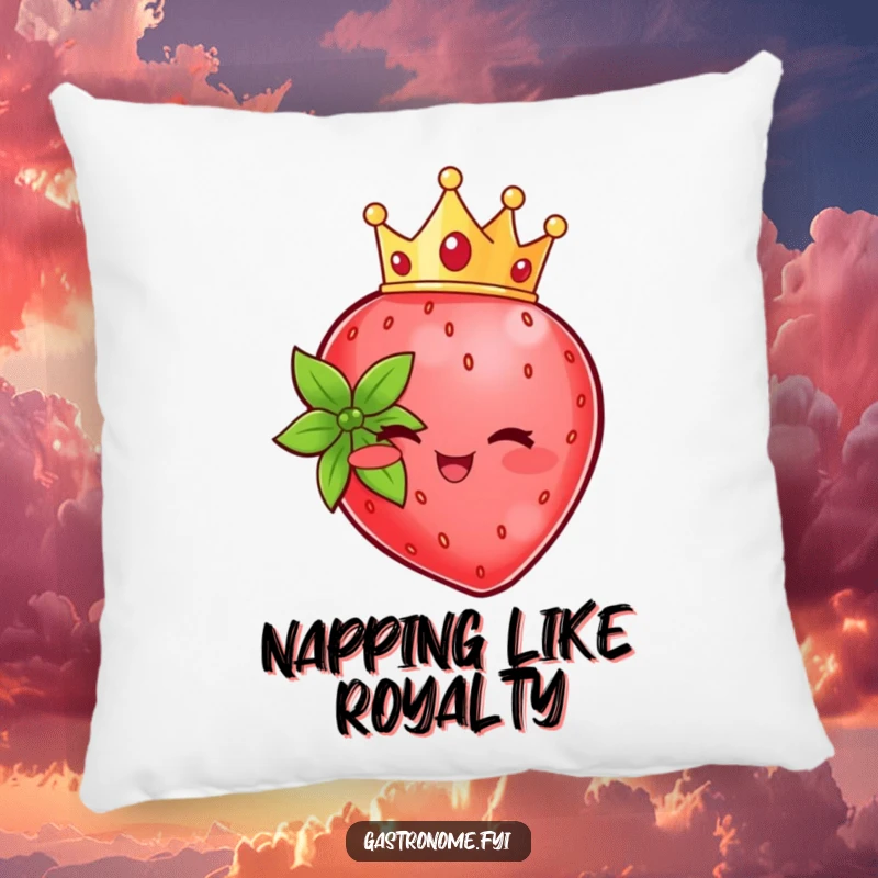 Funny beaming strawberry character wearing a tiny crown, creating a plush and humorous accent pillow.