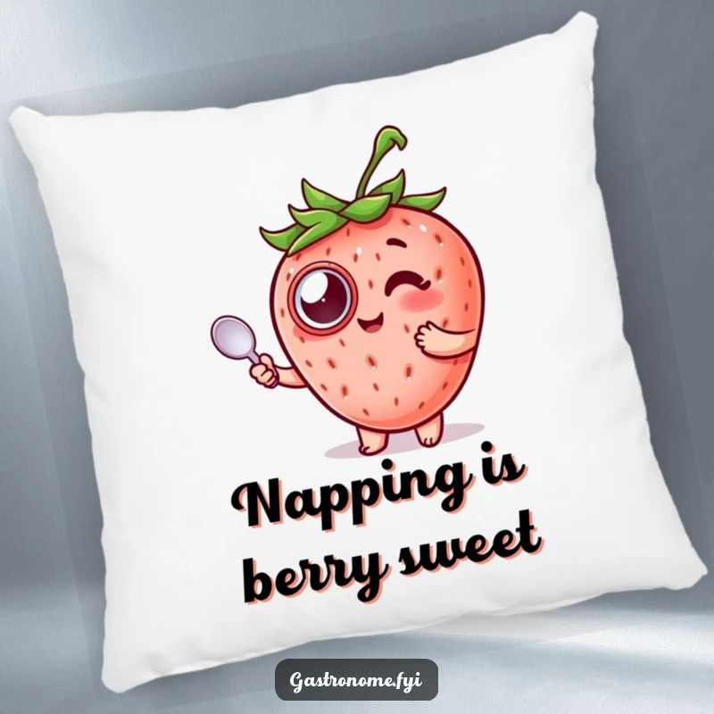 Funny Strawberry Pillow featuring a delighted strawberry in a monocle holding a spoon, perfect for cozying up.