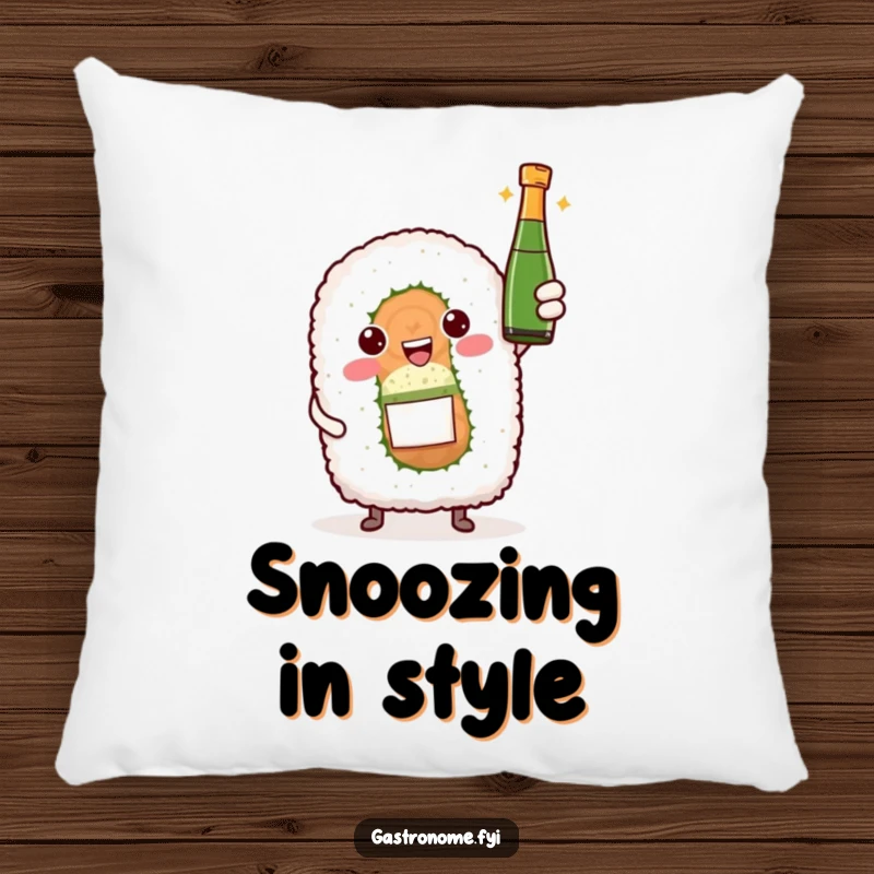 Funny throw pillow featuring a sushi roll character proudly holding a miniature sparkling wine bottle, perfect for festive decor.