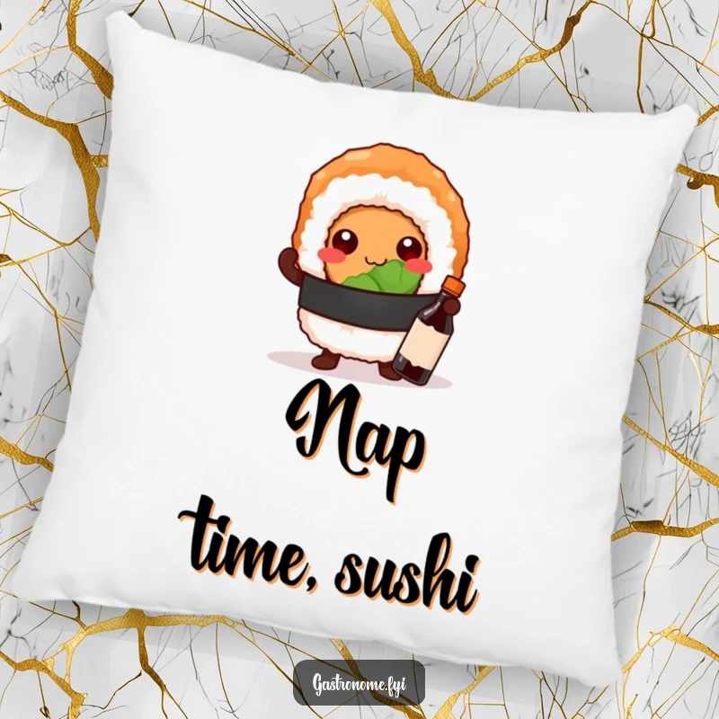 Funny pillow featuring a proud sushi roll character posing with a tiny soy sauce bottle, adding a touch of confident charm.