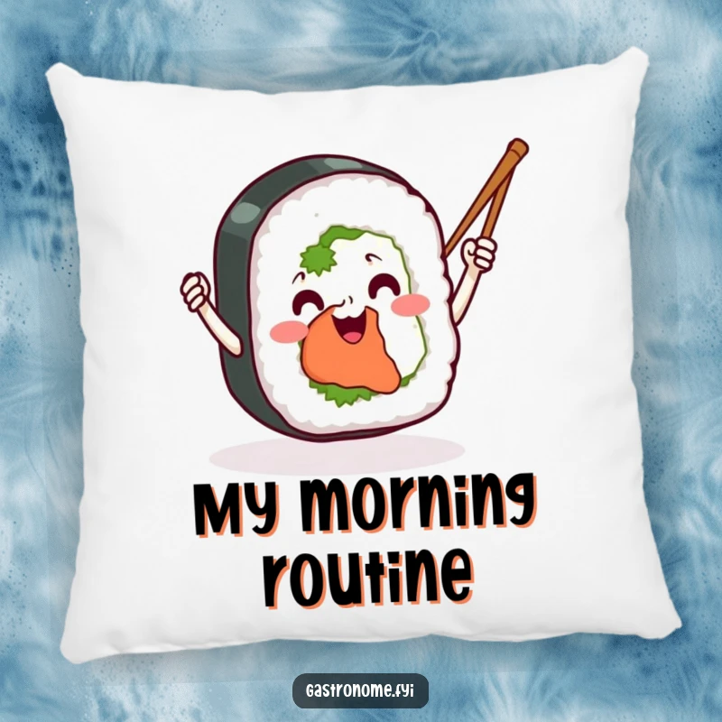 Funny sushi roll pillow, showing a happy sushi character enthusiastically waving chopsticks like tiny batons, a cozy and humorous decorative item.
