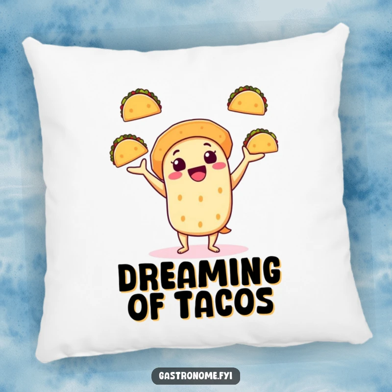 Funny pillow featuring a cheerful taco character juggling mini tacos, bringing cozy comfort and vibrant fiesta energy to home decor.