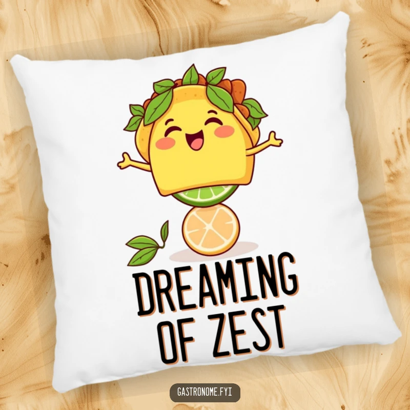 Funny thrilled taco character balancing a lime, creating a soft and humorous accent pillow for comfort.
