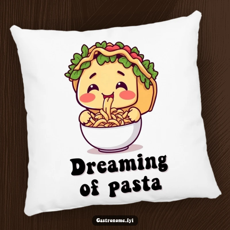 Funny throw pillow with a smiling taco character happily slurping tiny pasta, bringing cozy comfort and culinary humor.