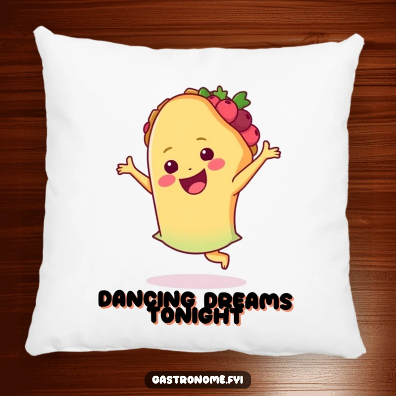 Funny taco pillow, showcasing a smiling taco performing a joyful salsa dance, a comfortable and humorous decorative item.