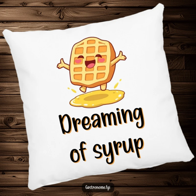 Funny pillow with a happy waffle character leaping over syrup, offering comfort and a sweet, delightful touch.