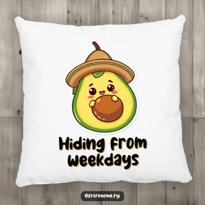 Funny Pillow featuring a curious taco character in a sombrero, peeking from behind a giant avocado. Soft and humorous decor.