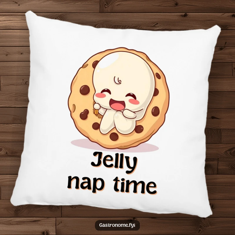 Funny wobbly jelly character happily biting a giant cookie, printed on a soft decorative pillow, adding whimsical and humorous flair.