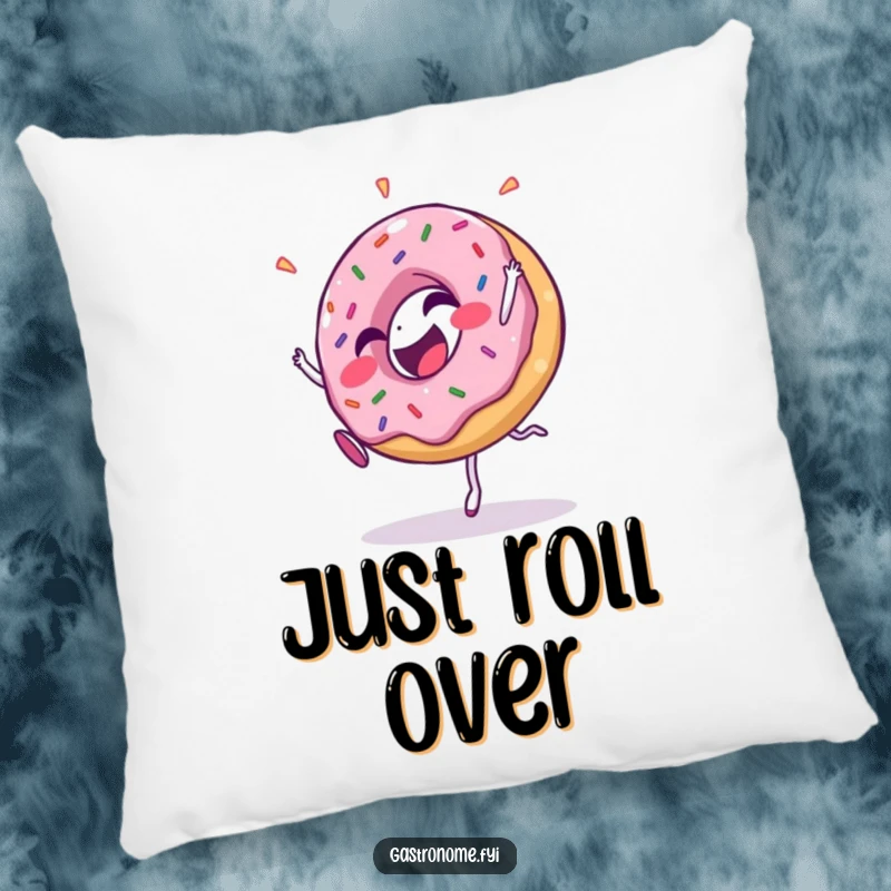 Funny pillow featuring a smiling donut character covered in sprinkles, performing a cartwheel with a look of pure giggling joy.
