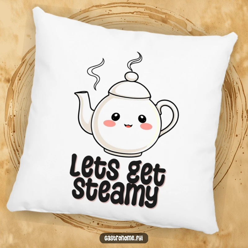 Funny Decorative Pillow featuring a curious teapot character with merrily swirling steam, offering comfort and humor.