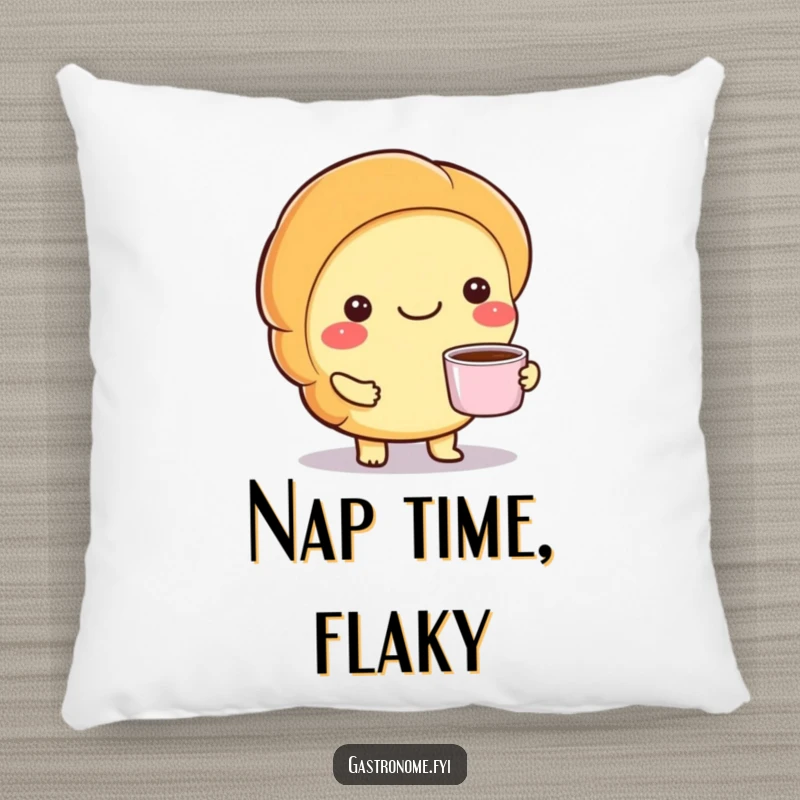 Funny pillow featuring a smiling croissant character holding a small cup of coffee, adding a touch of cozy charm.