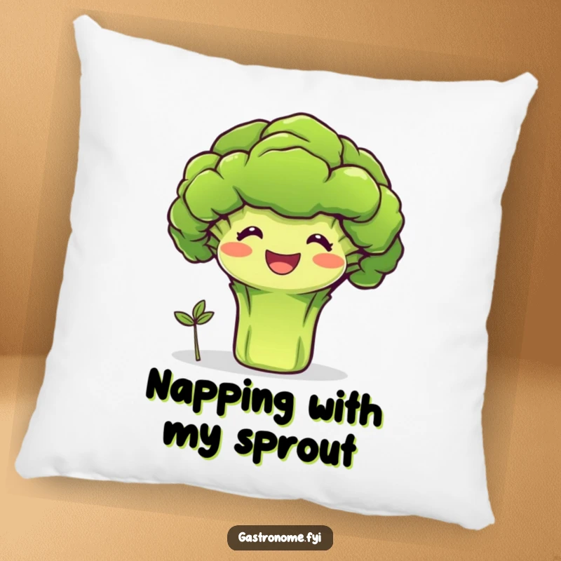 Funny throw pillow with a beaming broccoli character proudly presenting a tiny sprout, adding healthy humor and comfort to decor.