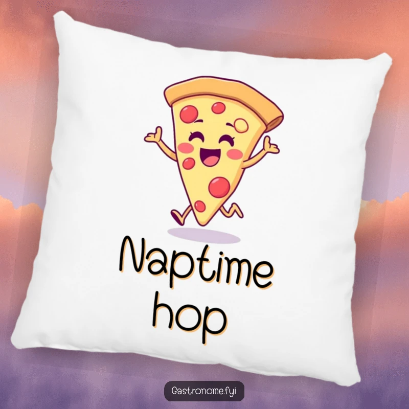 Funny pizza pillow, showcasing a joyful pizza slice performing a happy little hop, a cozy and cheerfully humorous decorative item.