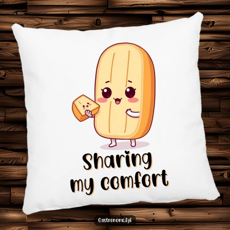 Funny Pillow: A proud baguette character offers a perfect slice of bread, creating a funny, cozy, and food-themed decor element.