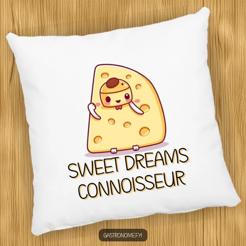 Funny pillow featuring a proud cheese wedge character holding a tiny, decorative pastry, adding a touch of whimsy.