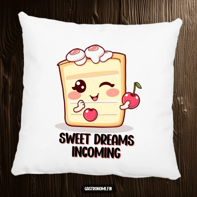 Funny pillow featuring a winking cake slice character with a cherry, offering plush comfort and humor.