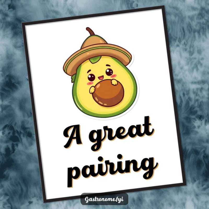 Funny Digital Art Print of a curious taco character in a sombrero, peeking from behind a giant avocado. High-quality artwork.