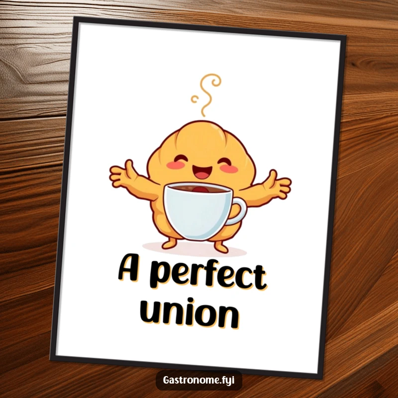 Funny Digital Art Print of a happy croissant character embracing a steaming coffee cup. High-quality artwork for instant download.