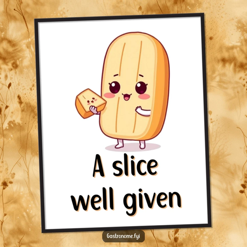 Funny Digital Art Print: A proud baguette character offers a perfect slice of bread, perfect for adding funny generosity.