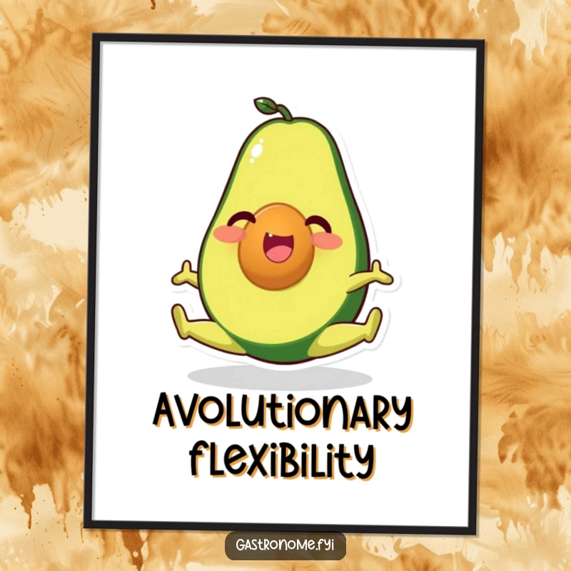 Funny digital art print of a happy avocado character performing a perfect split, a humorous celebration of health and flexibility.