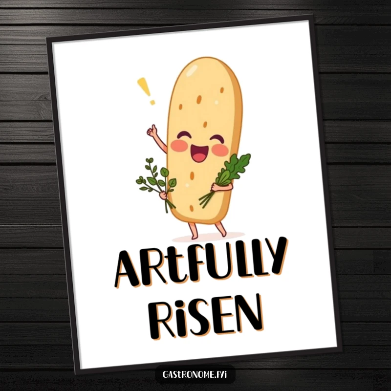 Funny excited baguette digital art print, a delightful bread character with a herb bouquet, perfect for instant, humorous wall decor.
