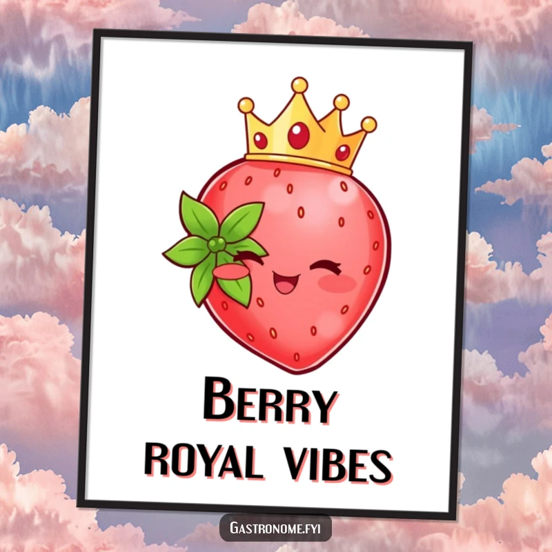 Funny beaming strawberry character wearing a crown, offered as a downloadable digital art print for royal decor.