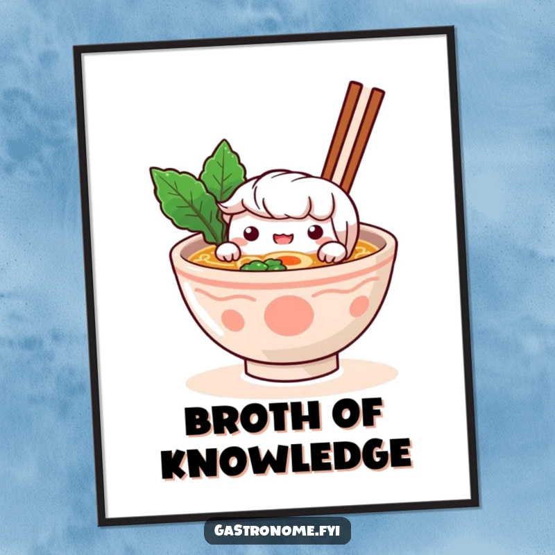 Funny Digital Art Print: A curious ramen bowl character peeks over its steaming broth, perfect for adding funny foodie charm.
