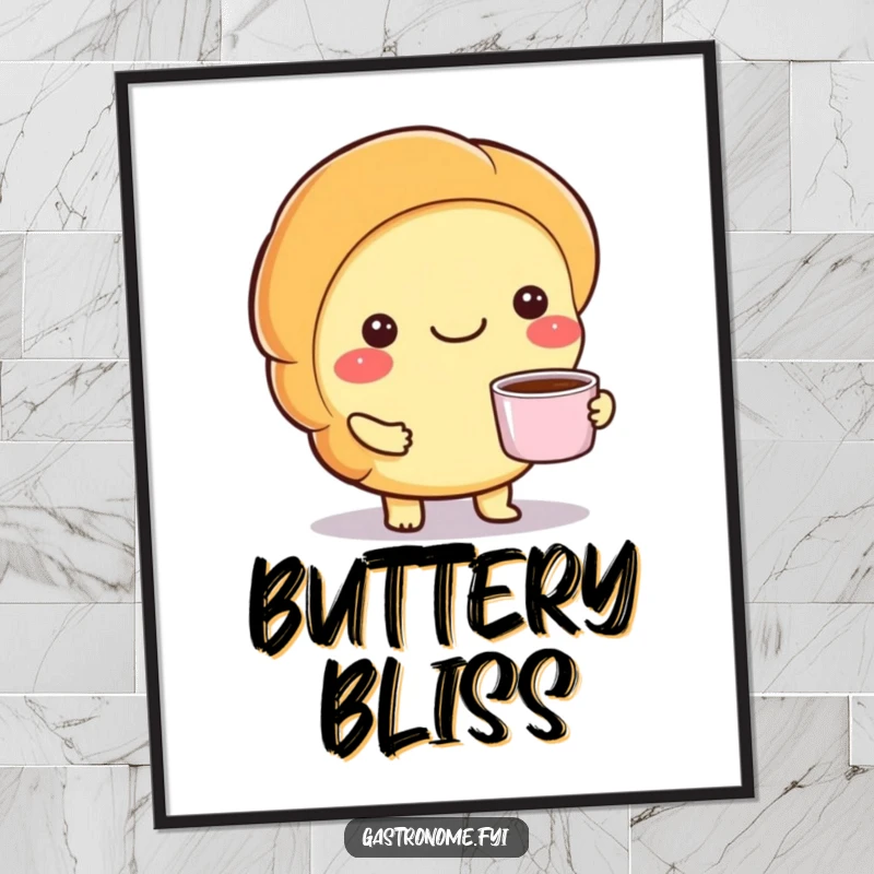 Funny digital art of a smiling croissant character presenting a tiny cup of coffee, chic and full of morning charm.