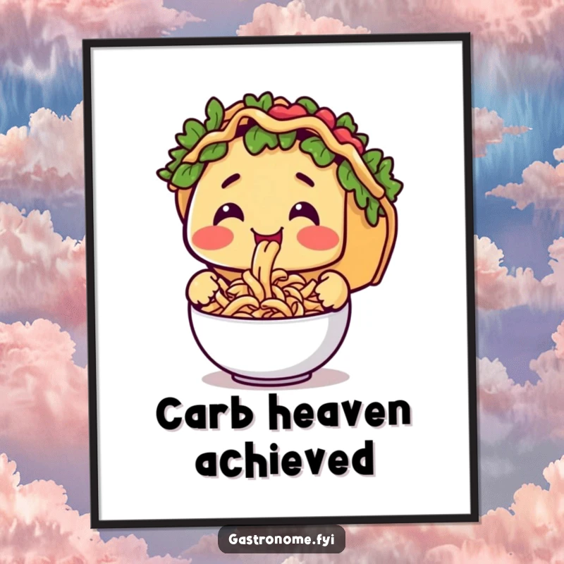 Funny digital art print of a taco character happily slurping tiny pasta, ideal for quirky and humorous food-themed decor.