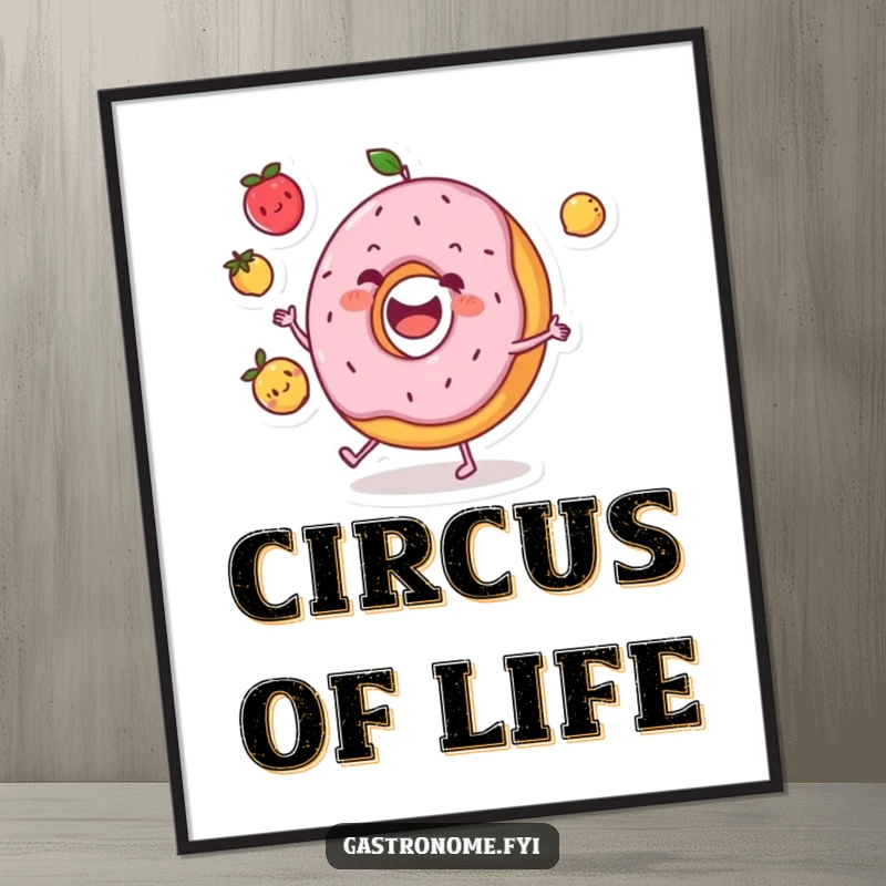 Funny donut character digital art print joyfully juggling three tiny fruits, offering instant, downloadable humor and charm.