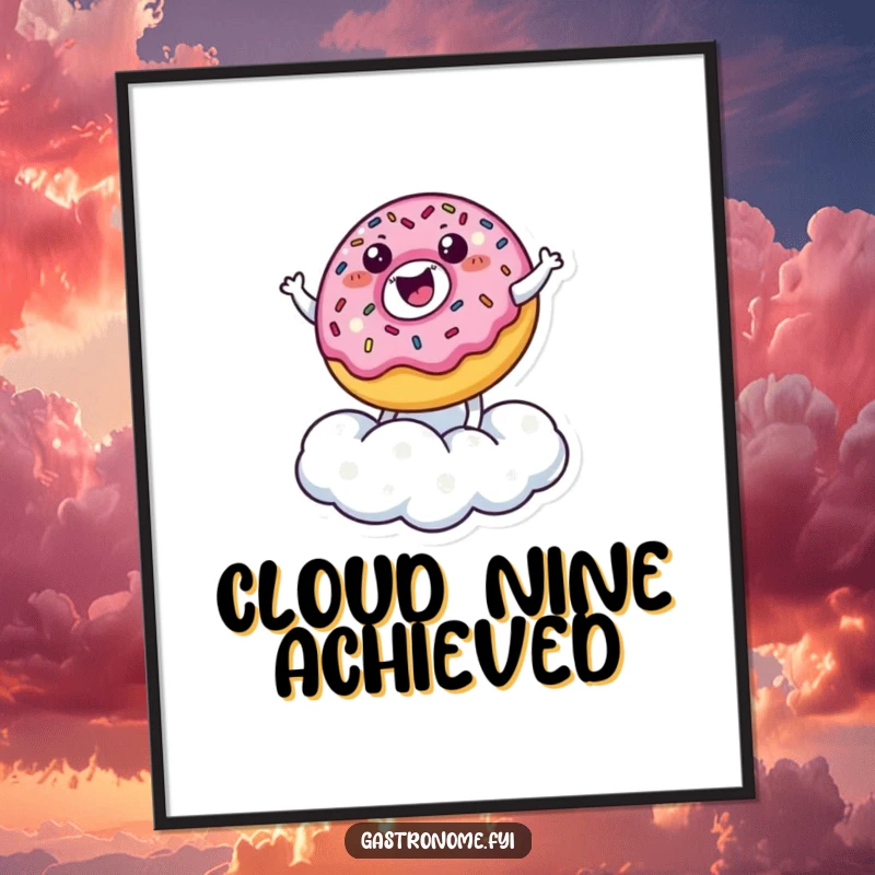 Funny Digital Art Print: A happy donut character with sprinkles bounces joyfully on a sugar cloud, perfect for adding funny sweetness.