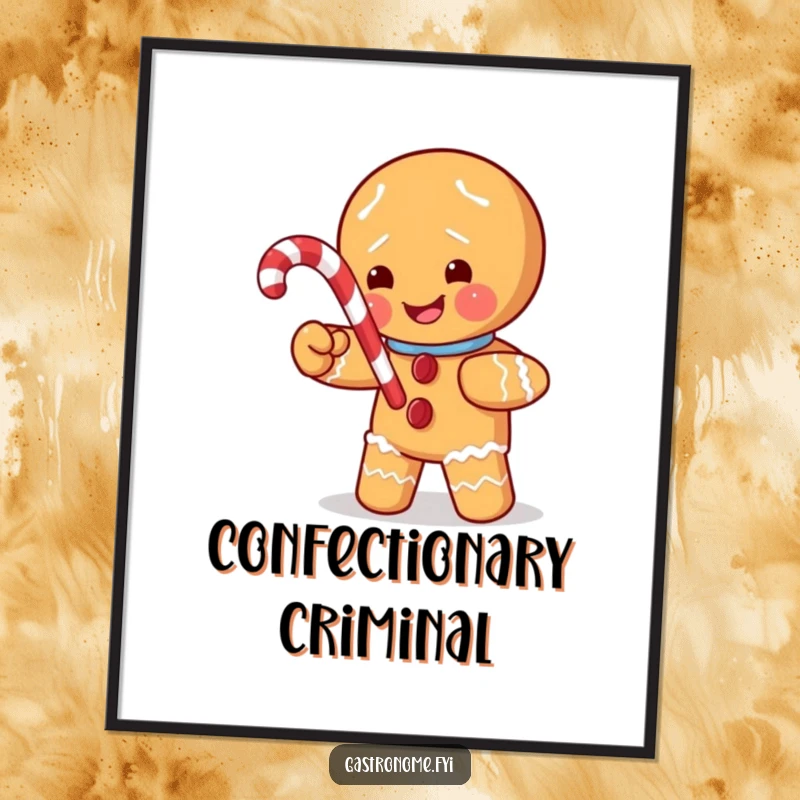 Funny digital art print of a mischievous gingerbread man character stealing a tiny candy cane, capturing the spirit of playful holiday fun.