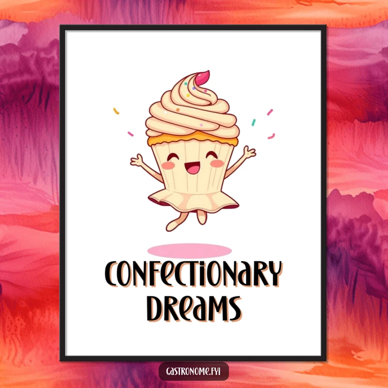 Funny digital art print of a cupcake character doing a pirouette with falling sprinkles, ideal for sweet and whimsical decor.