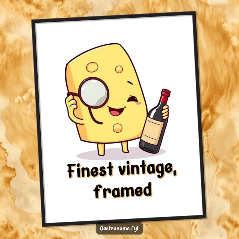 Funny digital art print of a smiling cheese wedge character with a monocle, inspecting a miniature bottle of fine wine, instant download decor.