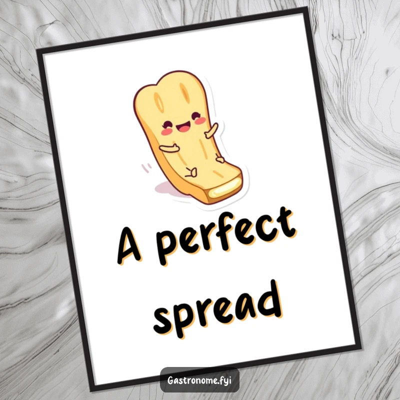 Funny Digital Art Print of a smiling baguette character sliding down butter. High-quality artwork for instant download.