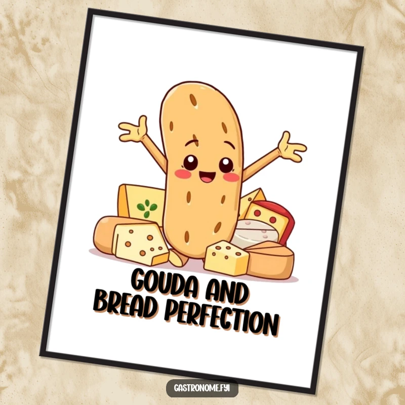 Funny digital art print of a smiling baguette character posing proudly next to gourmet cheeses, for appetizing and humorous decor.