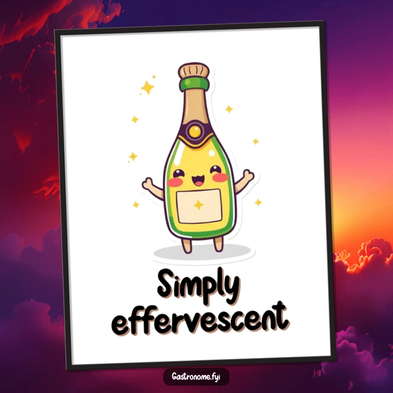 Funny digital art print of a beaming champagne bottle character, sparkling with joy and ready to add a festive, humorous touch to any decor.