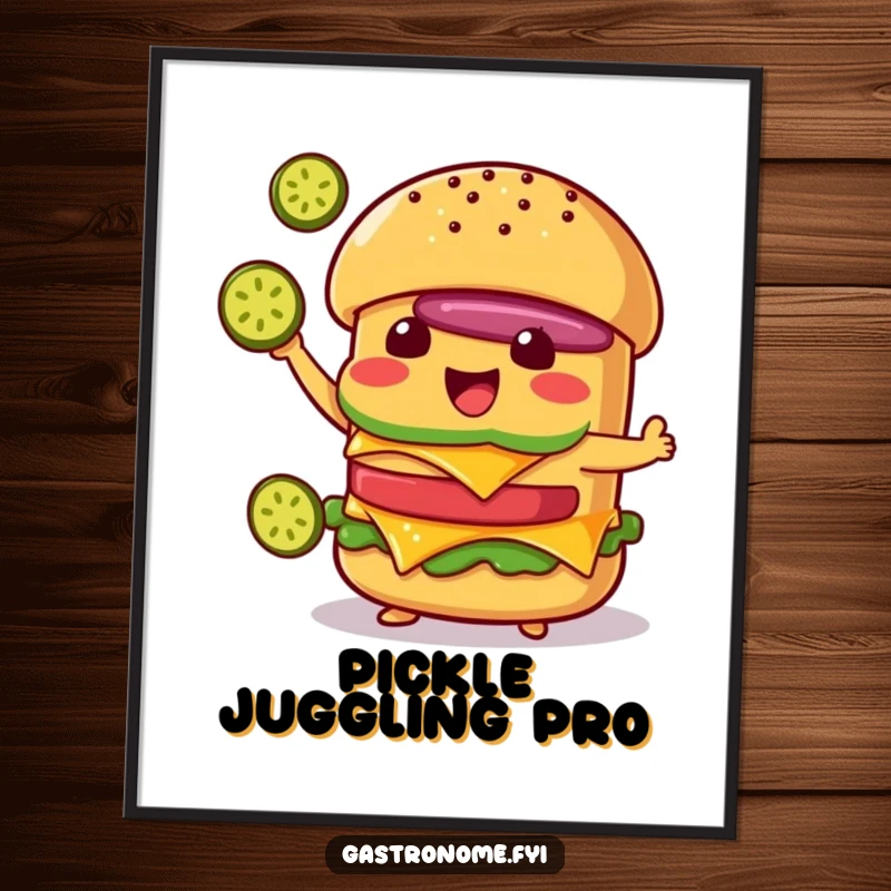 Funny Cheeseburger Digital Art Print: Delighted Character Juggling Pickle Slices, Humorous Instant Download