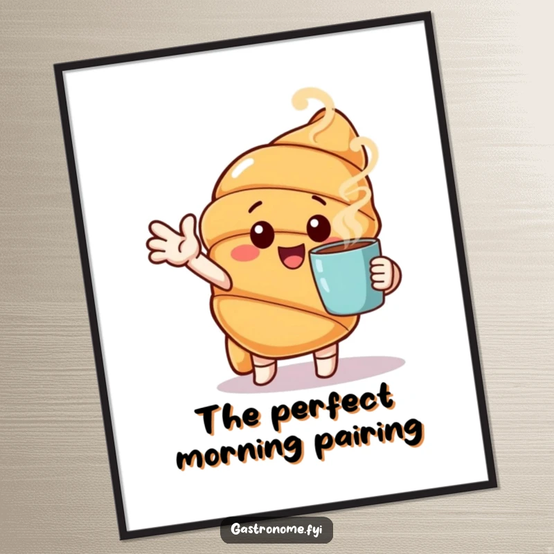 Funny digital art print of a cheerful croissant character gesturing towards a steaming cup, perfect for morning decor.