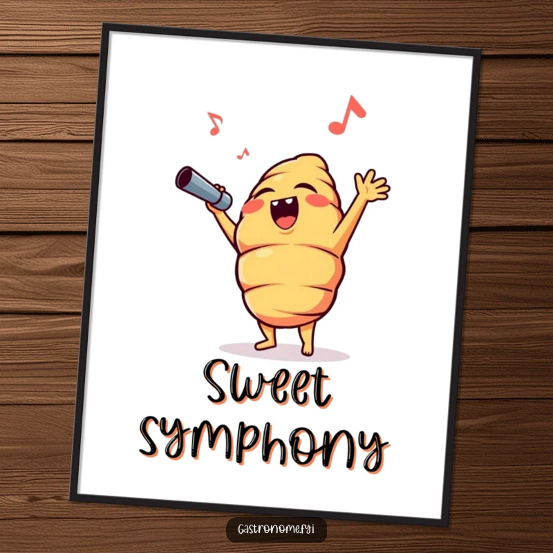 Funny croissant character performing a dramatic opera high note, available as a digital art print for instant, humorous wall decor.
