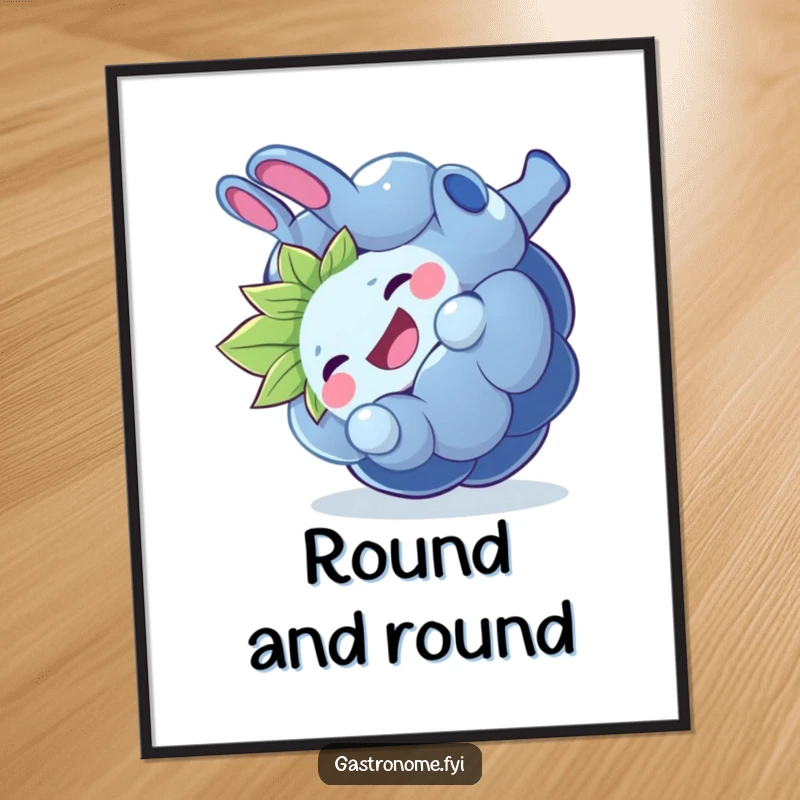 Funny giggling blueberry digital art print, a whimsical fruit character doing a playful somersault, perfect for instant, humorous wall decor.